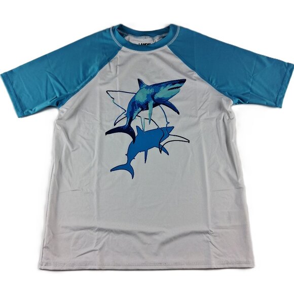 Lands' End Short Sleeve Rash Guard Boys Size Large Blue Sharks UPF 50 Swim - Picture 1 of 5